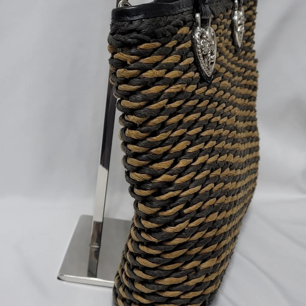 Vintage Brighton Raffia Straw Leather Trim Shoulder Bag - Black & Tan - Picture 6 of 16
